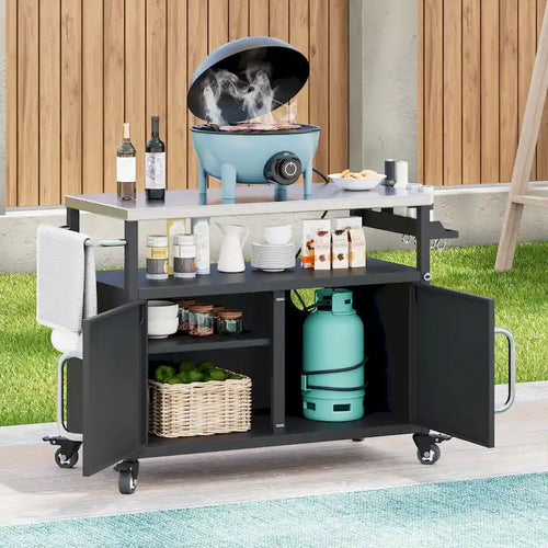 Chariot de cuisine extérieur noir, plateau en acier inoxydable, 1 personne, 138,4 cm