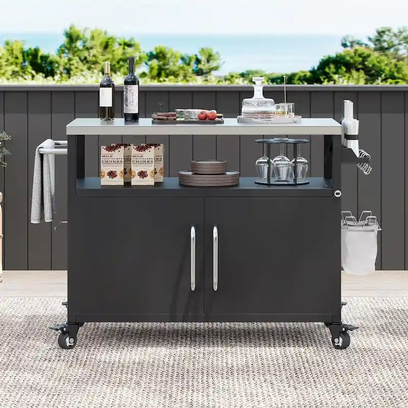Chariot de cuisine extérieur noir, plateau en acier inoxydable, 1 personne, 138,4 cm