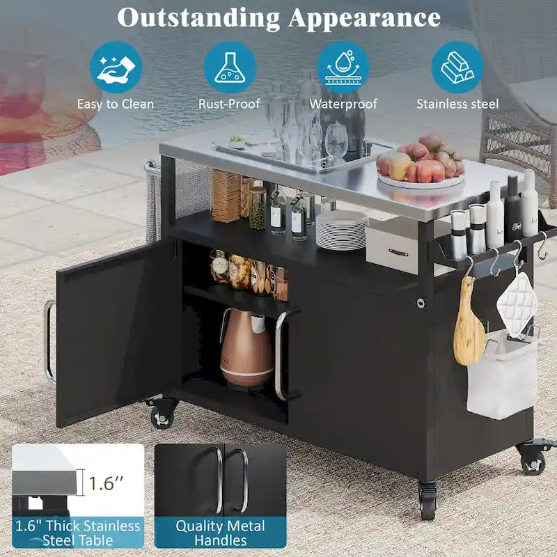 Chariot de cuisine extérieur noir, plateau en acier inoxydable, 1 personne, 138,4 cm