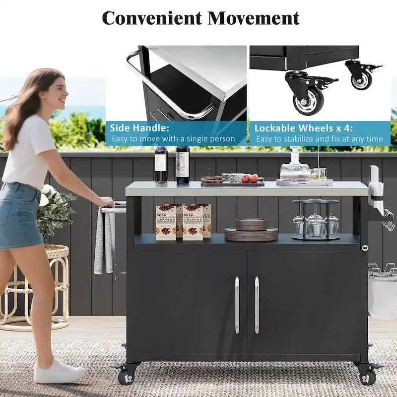 Chariot de cuisine extérieur noir, plateau en acier inoxydable, 1 personne, 138,4 cm