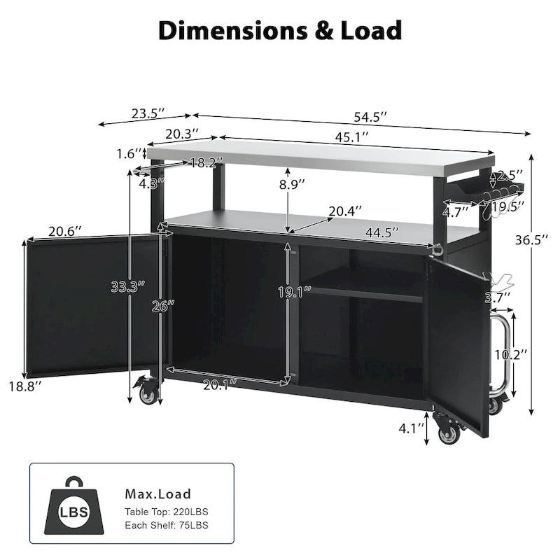 Chariot de cuisine extérieur noir, plateau en acier inoxydable, 1 personne, 138,4 cm