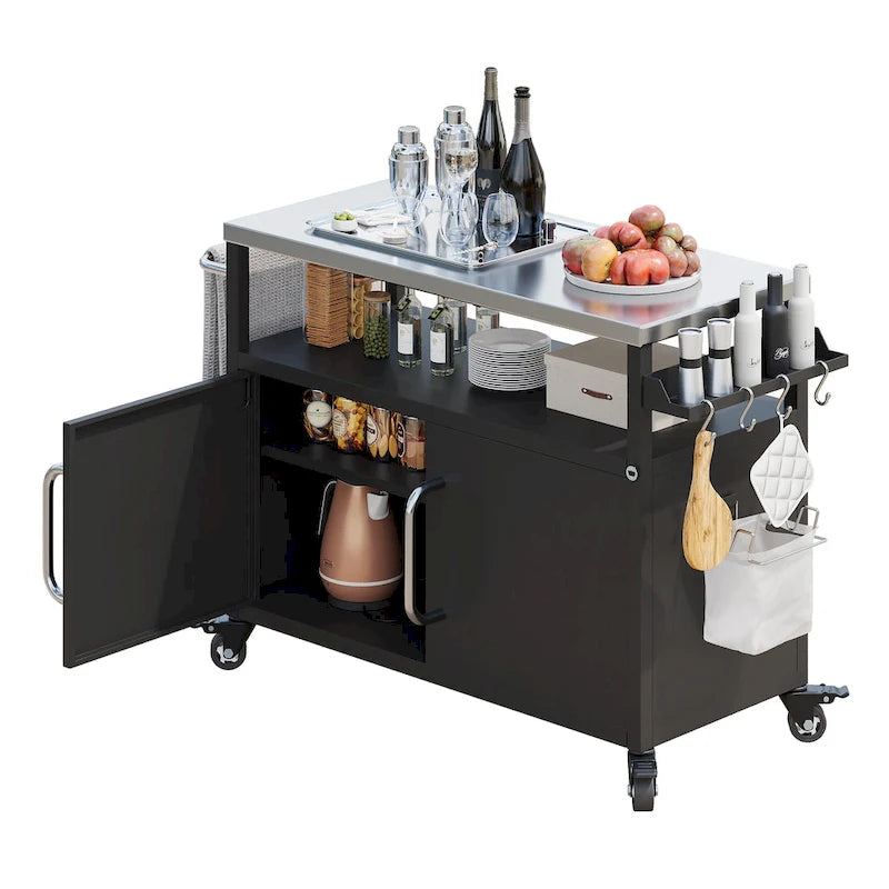 Chariot de cuisine extérieur noir, plateau en acier inoxydable, 1 personne, 138,4 cm