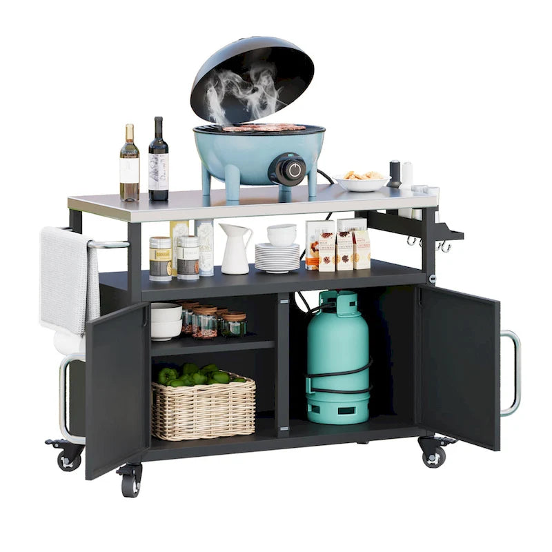 Chariot de cuisine extérieur noir, plateau en acier inoxydable, 1 personne, 138,4 cm