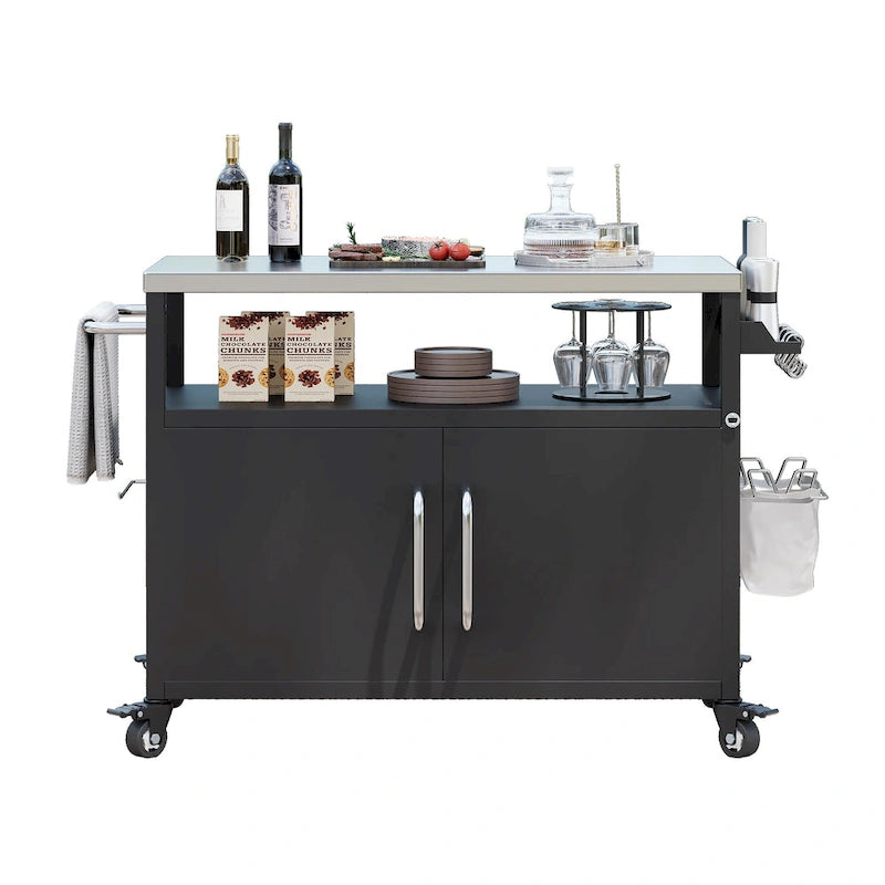 Chariot de cuisine extérieur noir, plateau en acier inoxydable, 1 personne, 138,4 cm