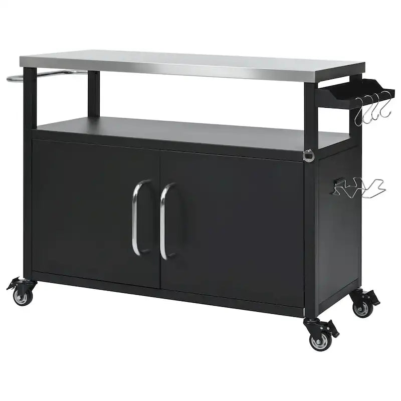 Chariot de cuisine extérieur noir, plateau en acier inoxydable, 1 personne, 138,4 cm