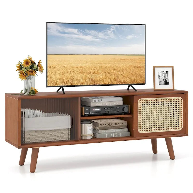 Meuble TV Mid-Century brun/naturel avec portes en rotin et verre
