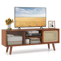 Meuble TV Mid-Century brun/naturel avec portes en rotin et verre