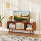 Meuble TV Mid-Century brun/naturel avec portes en rotin et verre