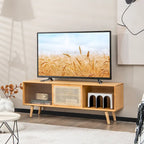 Meuble TV Mid-Century brun/naturel avec portes en rotin et verre