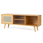 Meuble TV Mid-Century brun/naturel avec portes en rotin et verre
