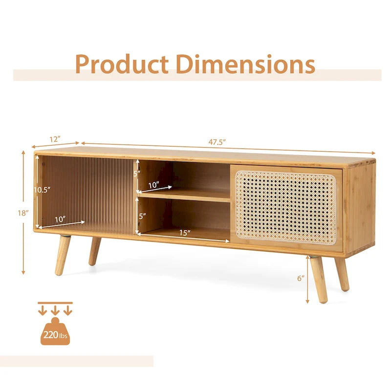 Meuble TV Mid-Century brun/naturel avec portes en rotin et verre