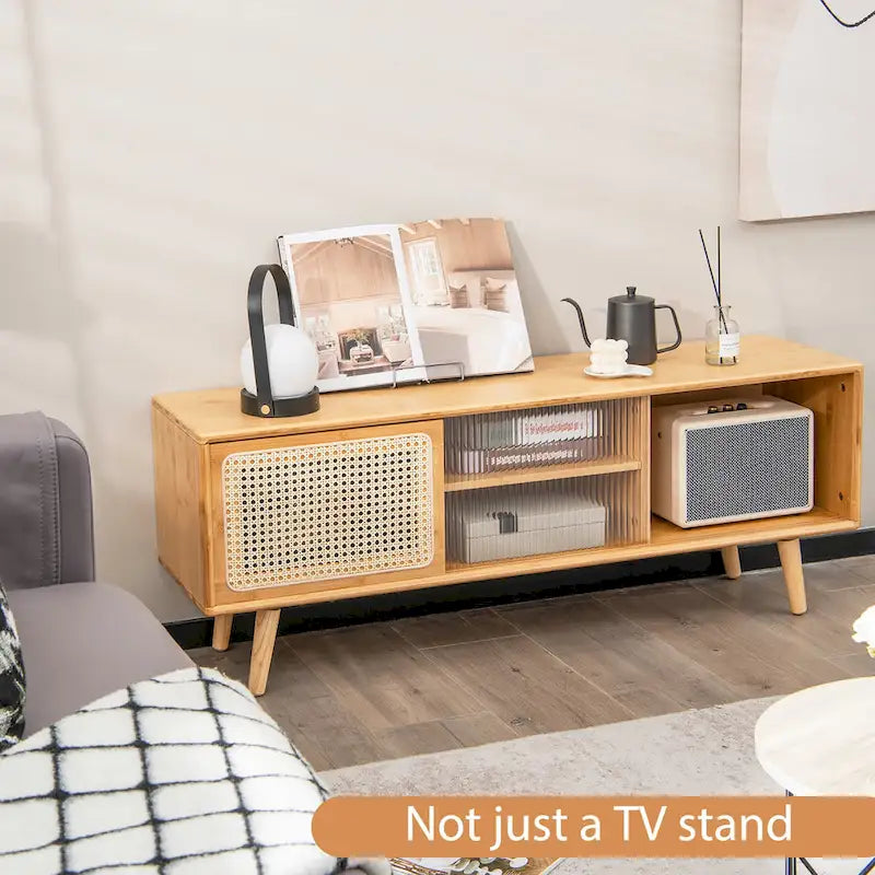 Meuble TV Mid-Century brun/naturel avec portes en rotin et verre