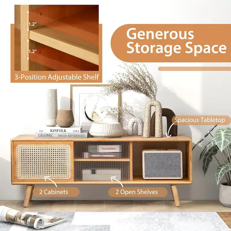 Meuble TV Mid-Century brun/naturel avec portes en rotin et verre