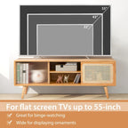Meuble TV Mid-Century brun/naturel avec portes en rotin et verre