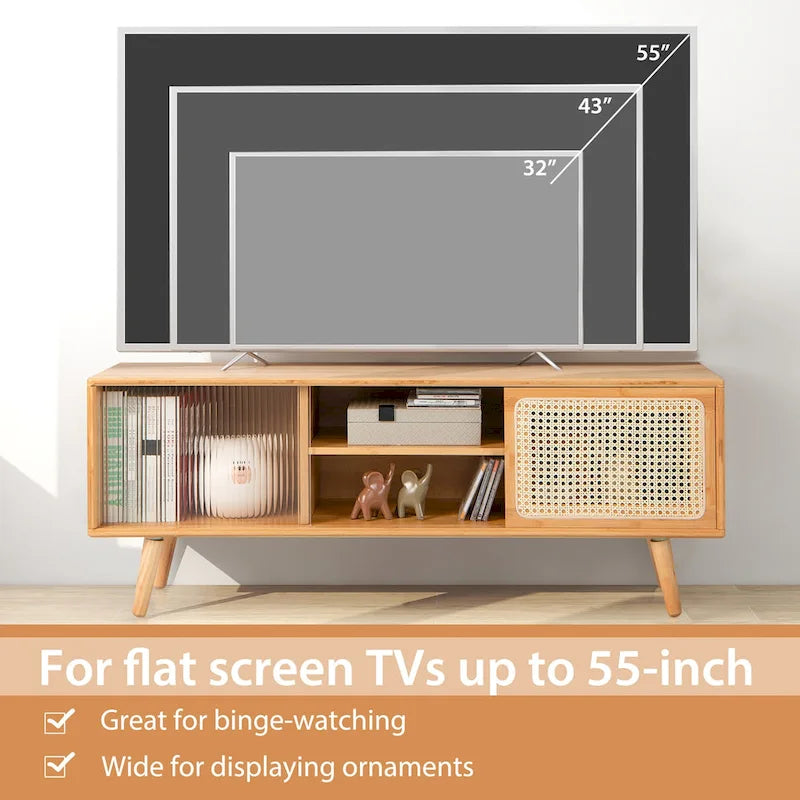 Meuble TV Mid-Century brun/naturel avec portes en rotin et verre