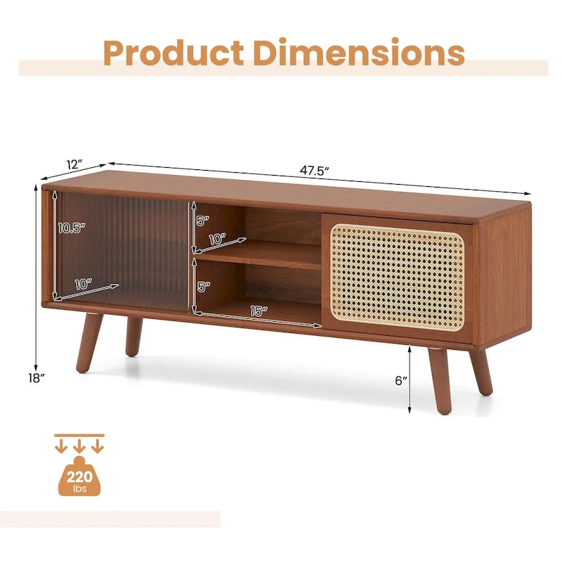 Meuble TV Mid-Century brun/naturel avec portes en rotin et verre