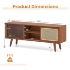 Meuble TV Mid-Century brun/naturel avec portes en rotin et verre