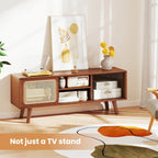 Meuble TV Mid-Century brun/naturel avec portes en rotin et verre