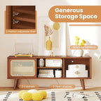 Meuble TV Mid-Century brun/naturel avec portes en rotin et verre