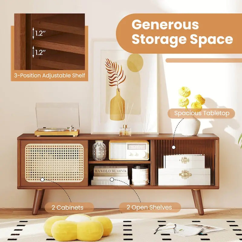 Meuble TV Mid-Century brun/naturel avec portes en rotin et verre