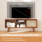 Meuble TV Mid-Century brun/naturel avec portes en rotin et verre