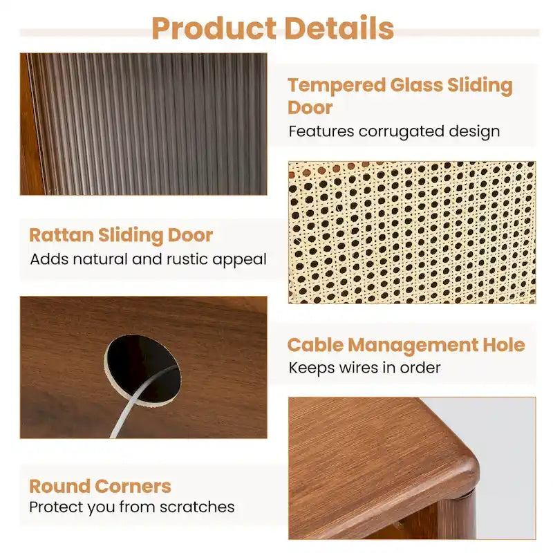 Meuble TV Mid-Century brun/naturel avec portes en rotin et verre