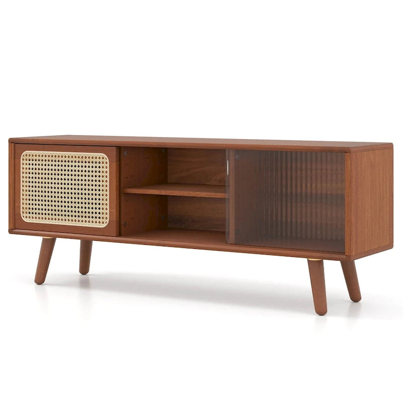 Meuble TV Mid-Century brun/naturel avec portes en rotin et verre