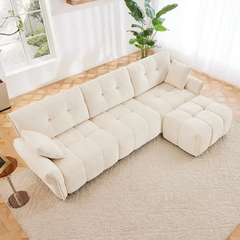 Canapé 3 places en chenille bleu / vert / orange brûlé / blanc avec pouf
