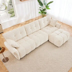 Canapé 3 places en chenille bleu / vert / orange brûlé / blanc avec pouf