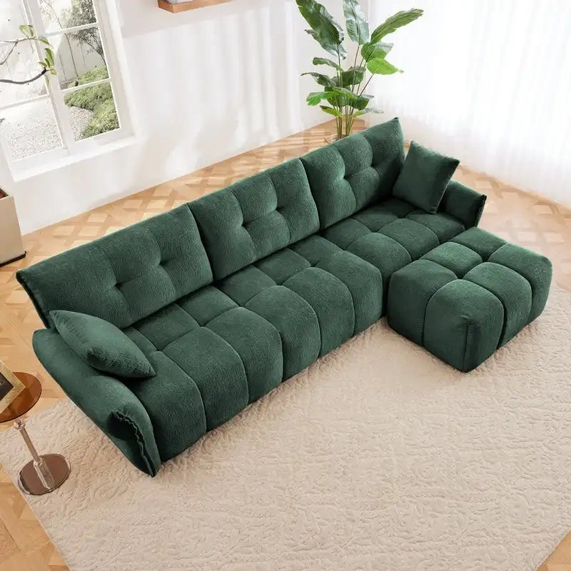 Canapé 3 places en chenille bleu / vert / orange brûlé / blanc avec pouf