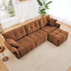 Canapé 3 places en chenille bleu / vert / orange brûlé / blanc avec pouf