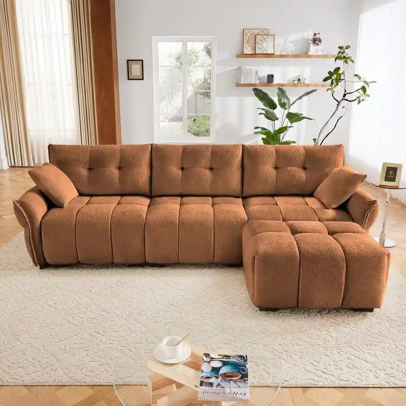 Canapé 3 places en chenille bleu / vert / orange brûlé / blanc avec pouf