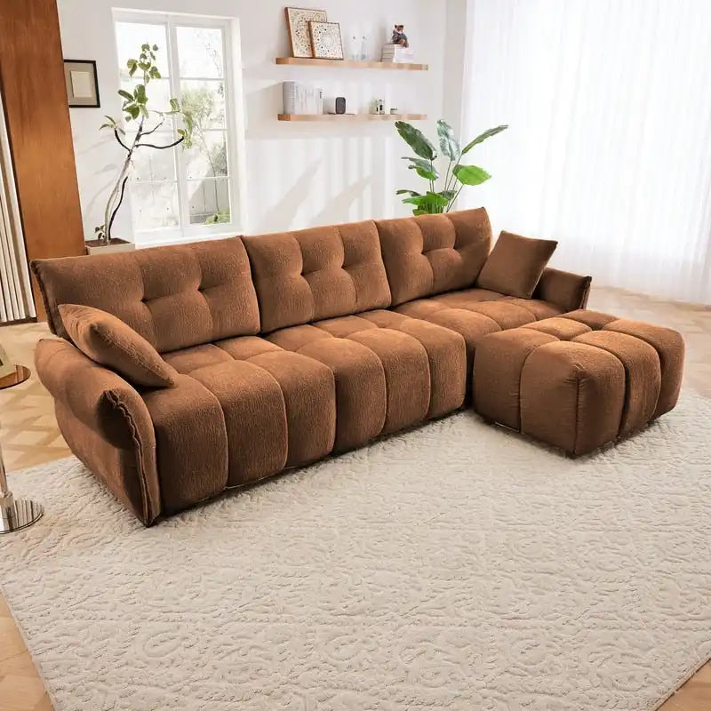 Canapé 3 places en chenille bleu / vert / orange brûlé / blanc avec pouf
