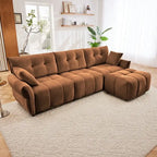 Canapé 3 places en chenille bleu / vert / orange brûlé / blanc avec pouf