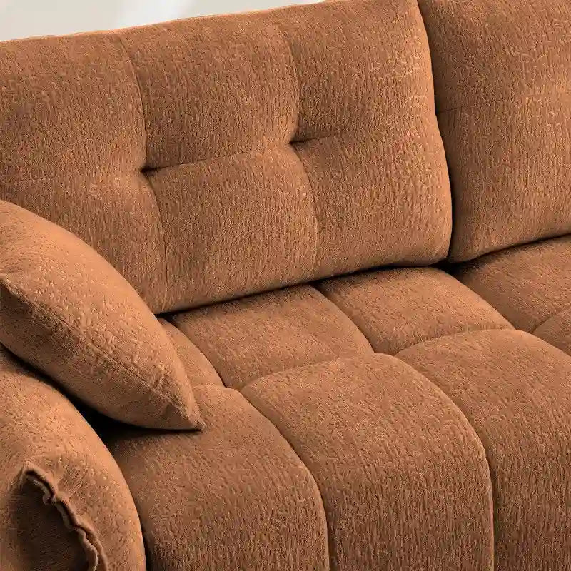 Canapé 3 places en chenille bleu / vert / orange brûlé / blanc avec pouf