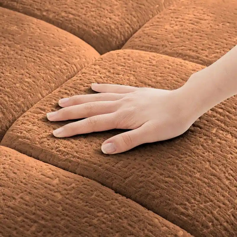 Canapé 3 places en chenille bleu / vert / orange brûlé / blanc avec pouf