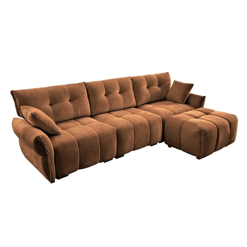 Canapé 3 places en chenille bleu / vert / orange brûlé / blanc avec pouf