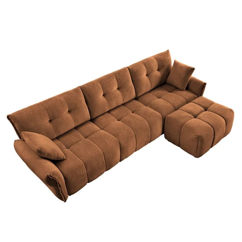 Canapé 3 places en chenille bleu / vert / orange brûlé / blanc avec pouf