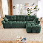 Canapé 3 places en chenille bleu / vert / orange brûlé / blanc avec pouf