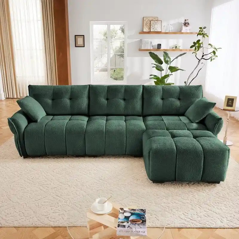 Canapé 3 places en chenille bleu / vert / orange brûlé / blanc avec pouf