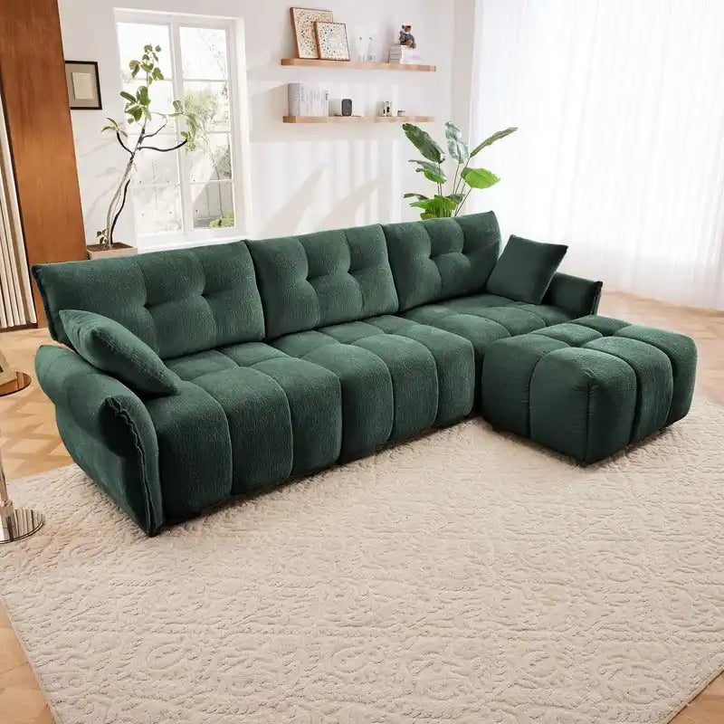 Canapé 3 places en chenille bleu / vert / orange brûlé / blanc avec pouf