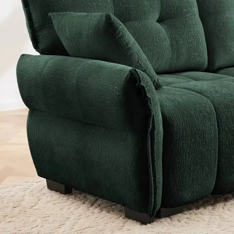 Canapé 3 places en chenille bleu / vert / orange brûlé / blanc avec pouf
