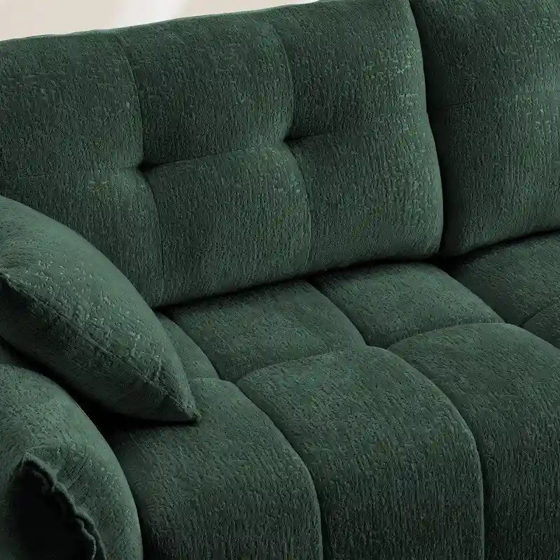 Canapé 3 places en chenille bleu / vert / orange brûlé / blanc avec pouf