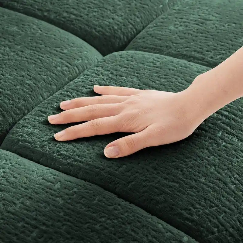 Canapé 3 places en chenille bleu / vert / orange brûlé / blanc avec pouf