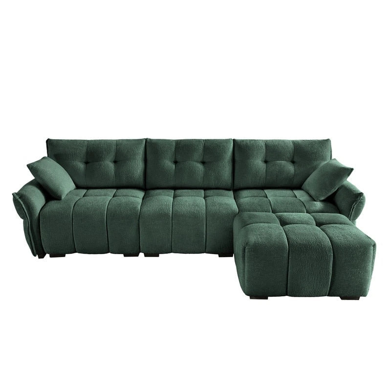 Canapé 3 places en chenille bleu / vert / orange brûlé / blanc avec pouf
