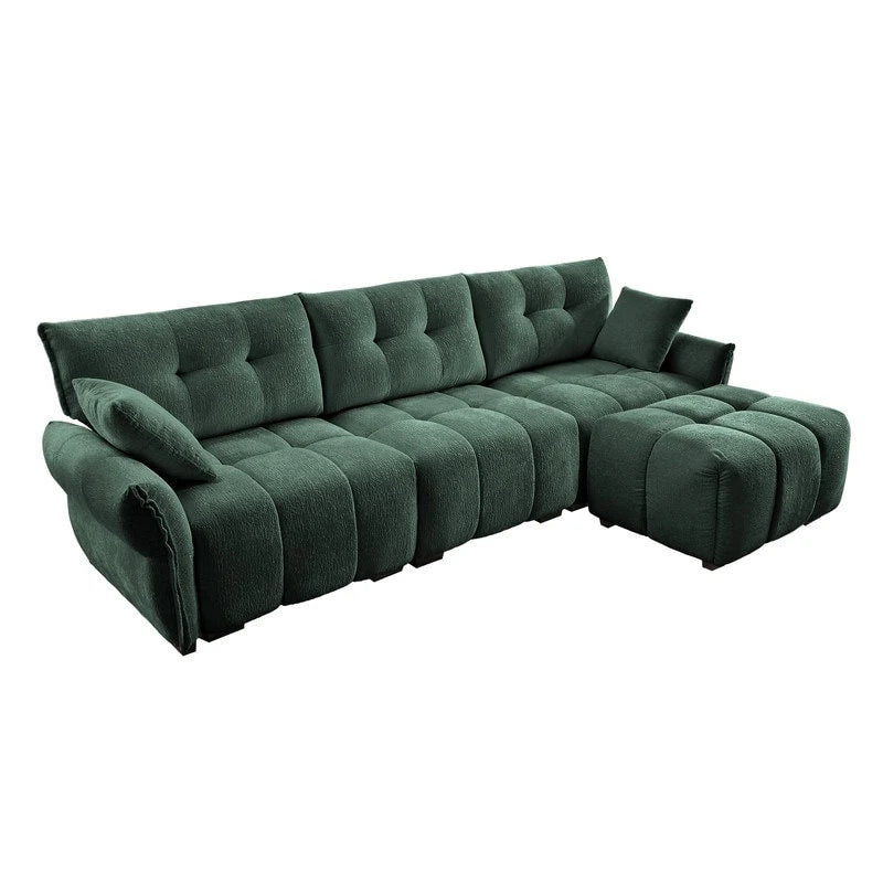 Canapé 3 places en chenille bleu / vert / orange brûlé / blanc avec pouf