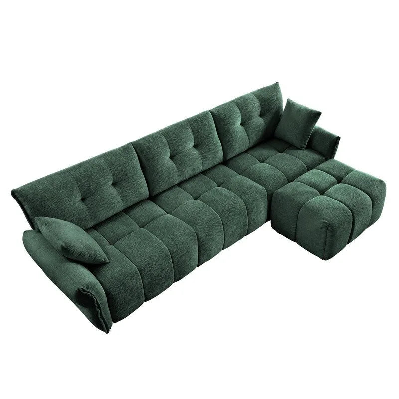 Canapé 3 places en chenille bleu / vert / orange brûlé / blanc avec pouf