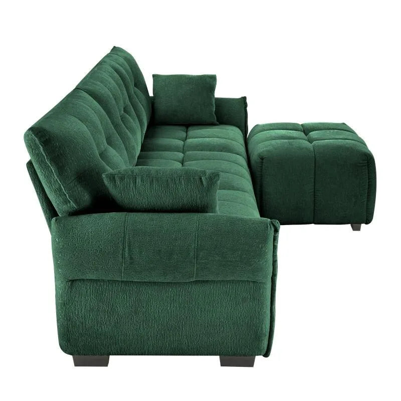 Canapé 3 places en chenille bleu / vert / orange brûlé / blanc avec pouf