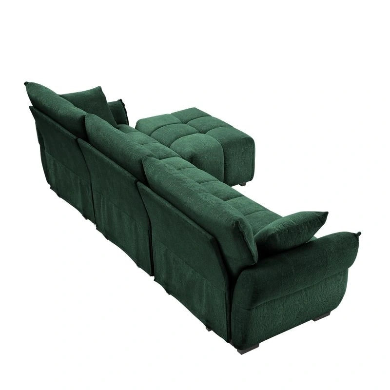Canapé 3 places en chenille bleu / vert / orange brûlé / blanc avec pouf