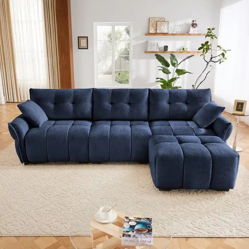 Canapé 3 places en chenille bleu / vert / orange brûlé / blanc avec pouf